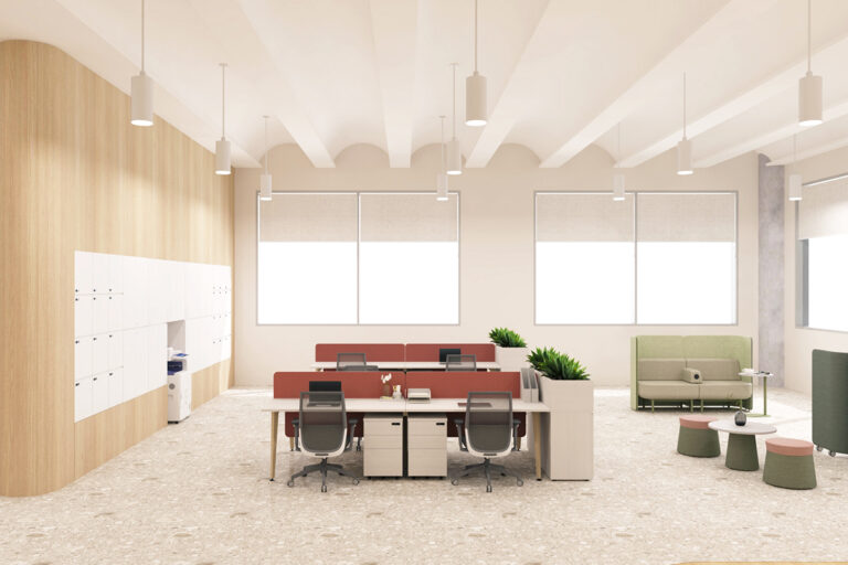 Benel-Workplace-Desk-and-Table-Open-Plan-Office-Systems-Furniture-Paso-In-Action-2